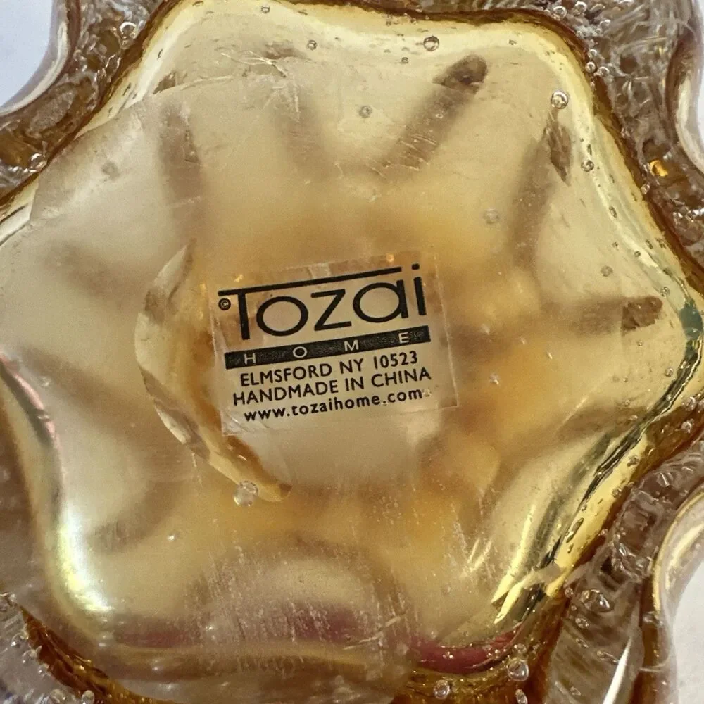 Amber‎ Heavy Art Glass Bowl By Tozai Vase Multiple Bubbles Ribbon Rim - Picture 5 of 7